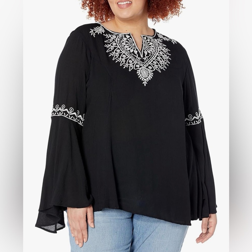 Angie Black Embroidered Bohemian Tunic Top 2X Plus Size Bell Sleeve Blouse